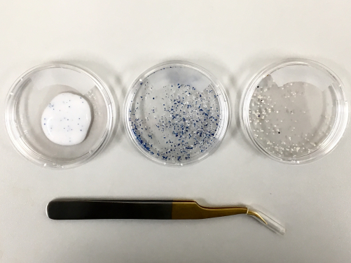 Microbeads in products (left), microbeads sieved from products (middle), microbeads recovered from water samples (right).
